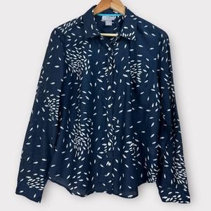 JCPenney Blouse Fish Print Button Down Long Sleeve Silk Cotton Blue White Large